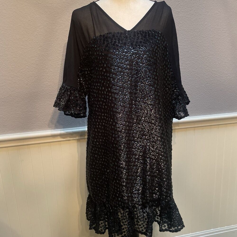 NWT Anthropologie Amadi Lucinda Black Textured Velvet Dotted Ruffle Dress M